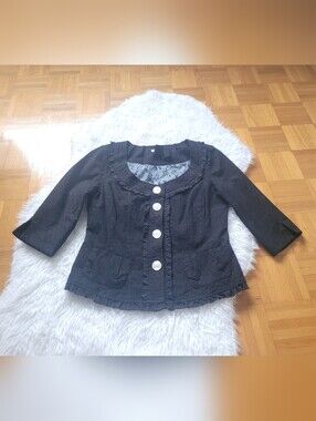 Nick & Mo Black 100% Cotton Button-Front Coquette Peplum Jacket  3/4 Sleeves S